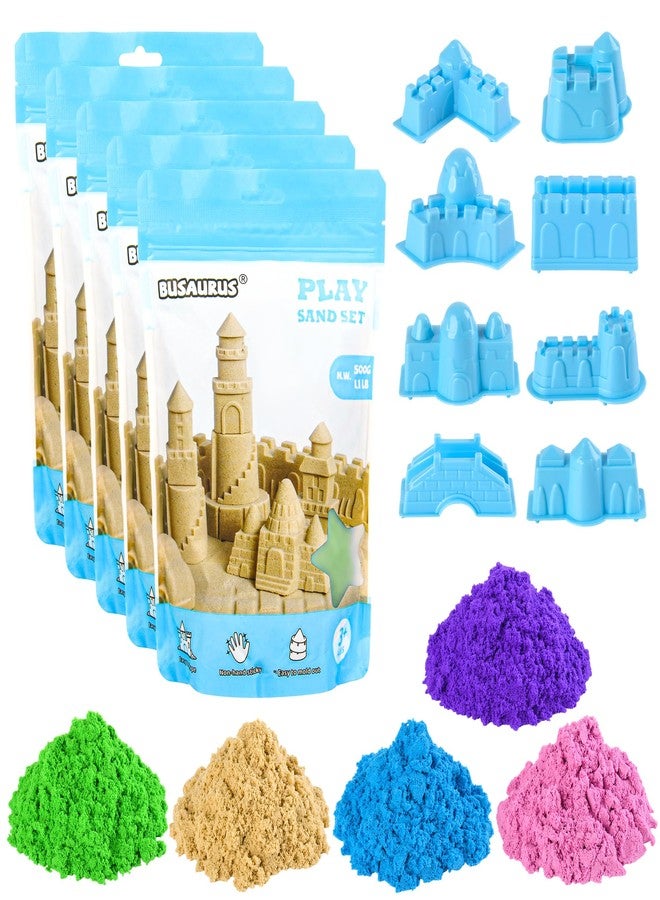 Busaurus Magic Sand for Kids - Non-Sticky Moldable Fake Sand Play Kit for Sandbox, 8 Castle Molds & 5 Colors(Blue/Pink/Green/Purple/Yellow) - Image 1